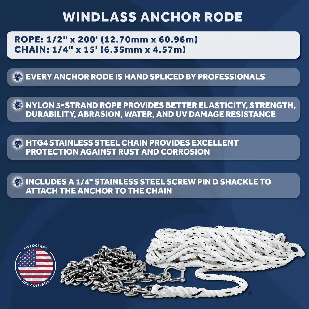 Windlass Anchor Rode, 1/2 x 200' Nylon 3-Strand Rope, 1/4 x 15' G4  Stainless Steel Chain - Five Oceans