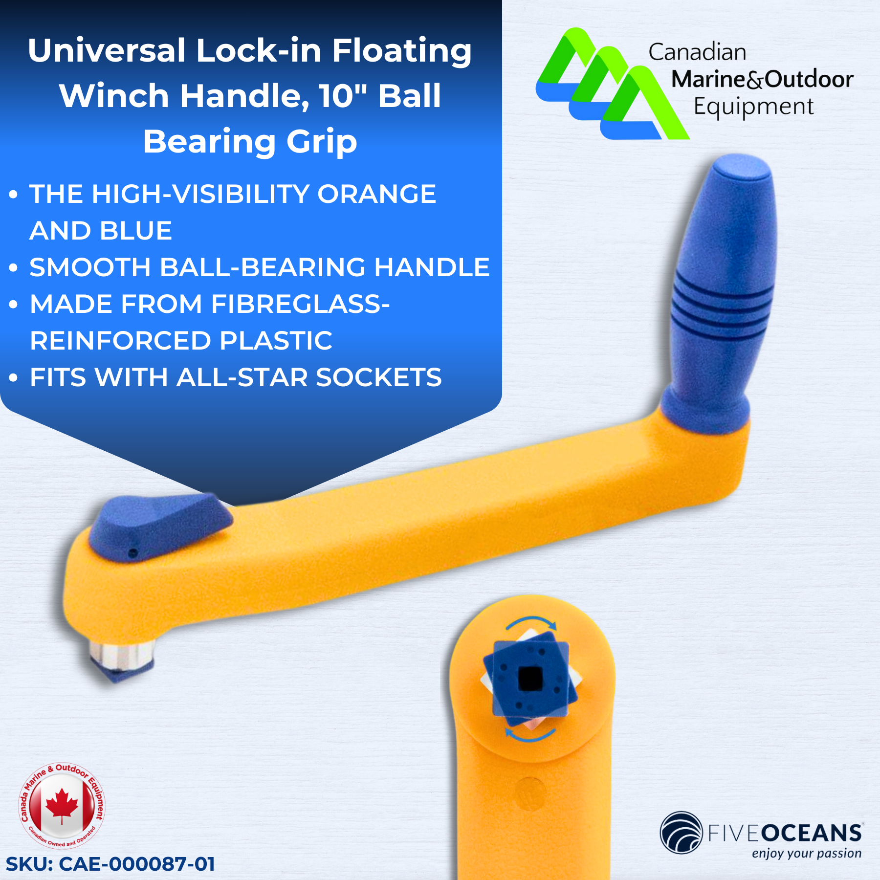 Universal Lock-in Floating Winch Handle, 10" (254mm) Ball Bearing Grip | Canadian Marine & Outdoor Equipment