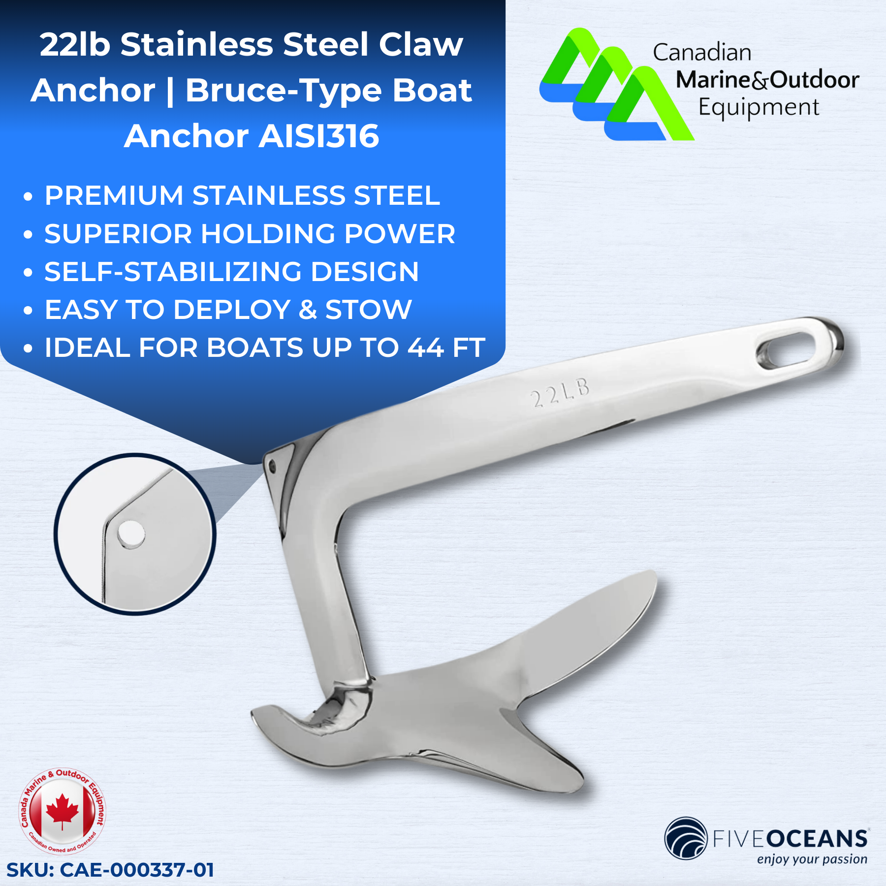 22 LB Stainless Steel Claw Anchor | Bruce-Type Boat Anchor | Canadian Marine & Outdoor Equipment