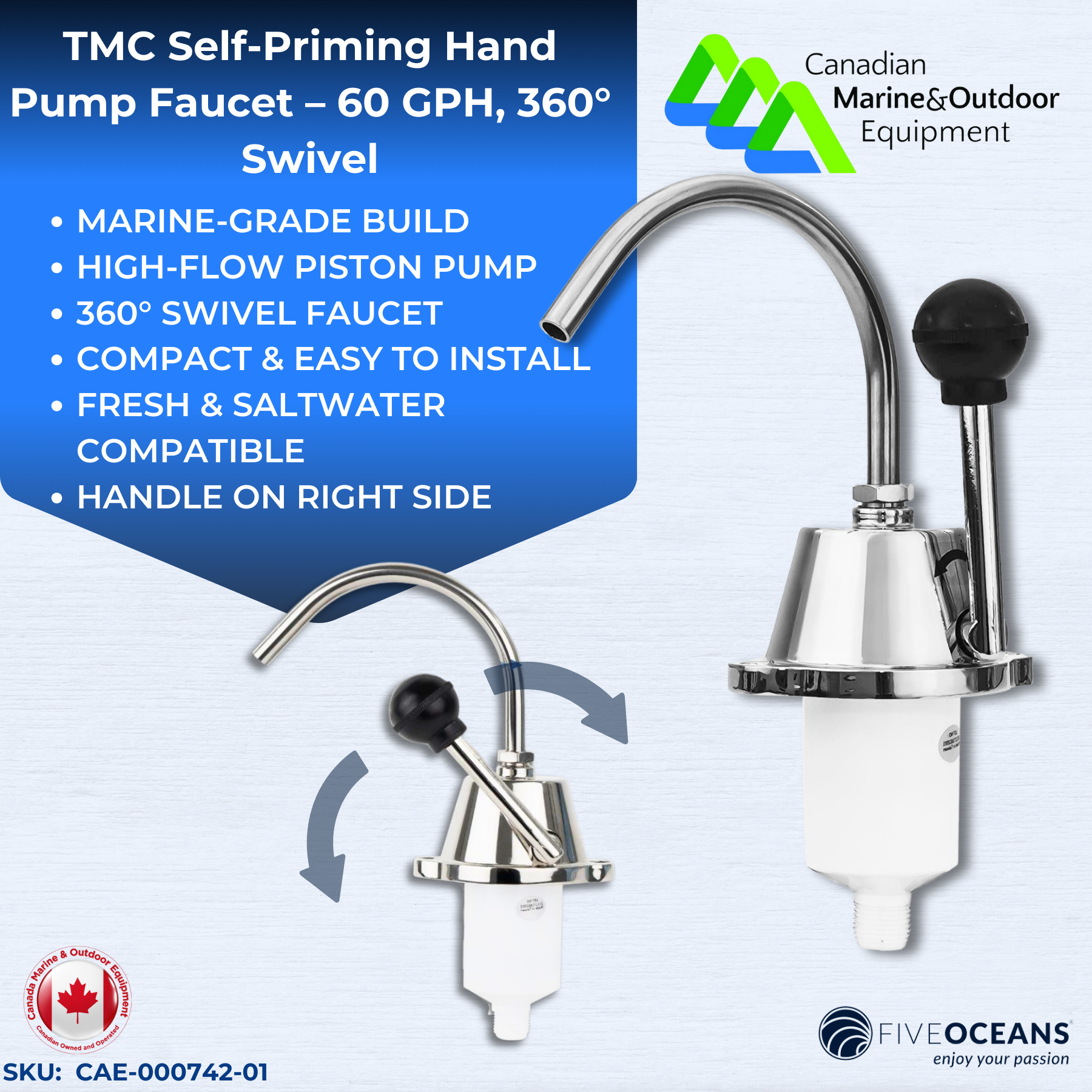 Self-Priming Hand Pump Faucet – 60GPH, 360° Swivel, Marine-Grade | TMC | Canadian Marine & Outdoor Equipment