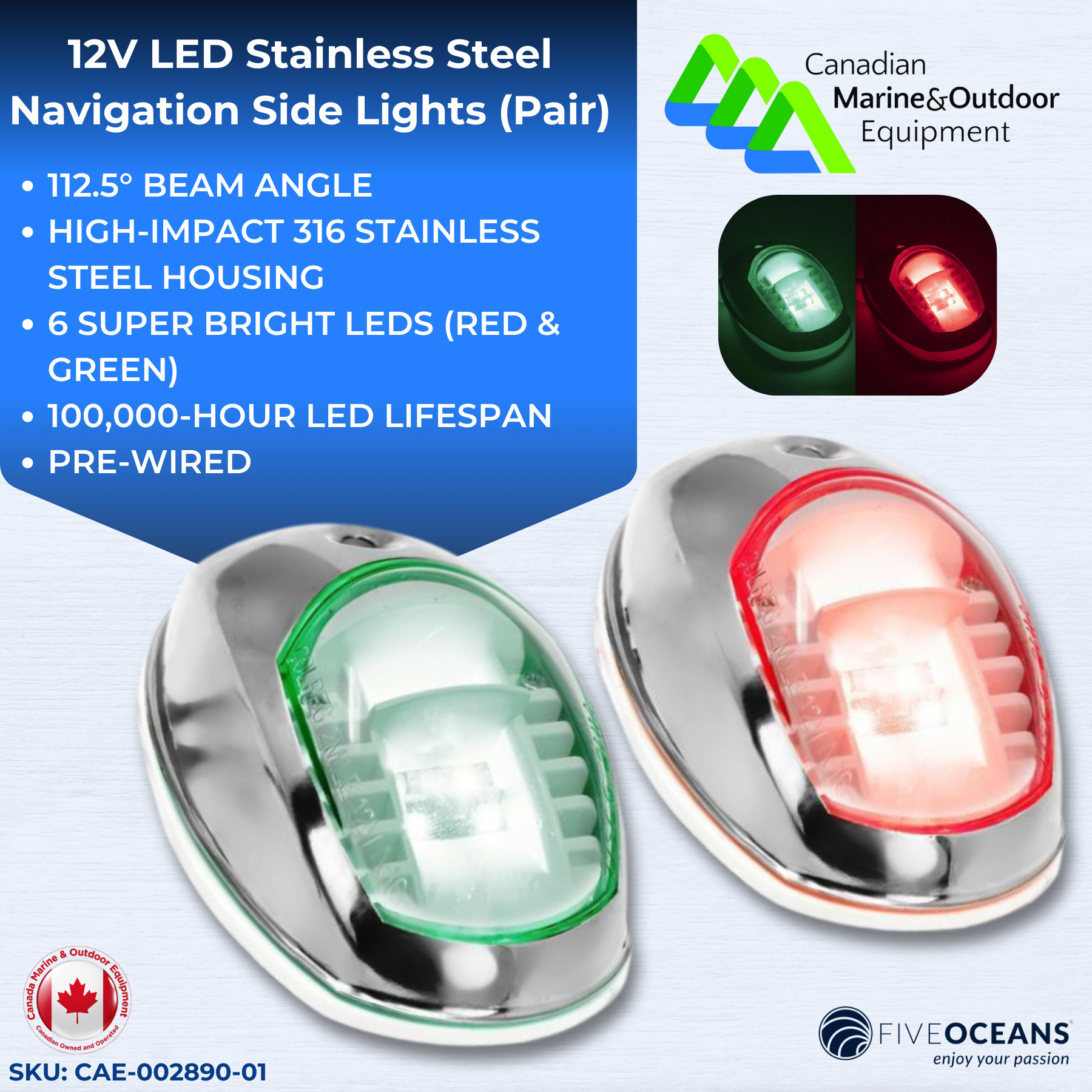 12V LED Stainless Steel Navigation Side Lights (Pair) – Five Oceans | Canadian Marine & Outdoor Equipment