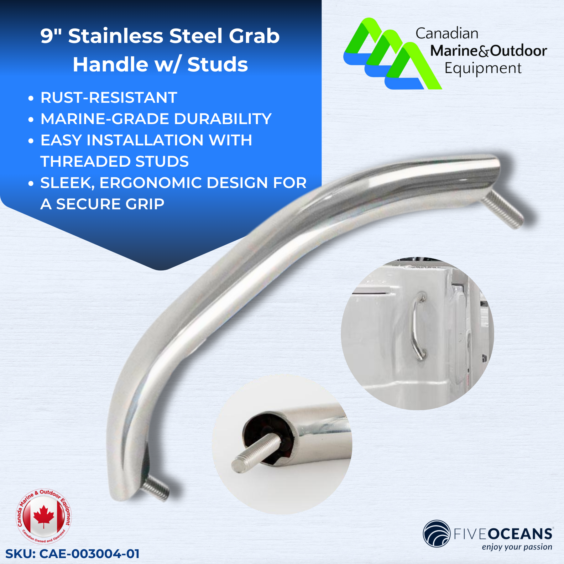 9" Stainless Steel Grab Handle w/ Studs | Five Oceans | Canadian Marine & Outdoor Equipment