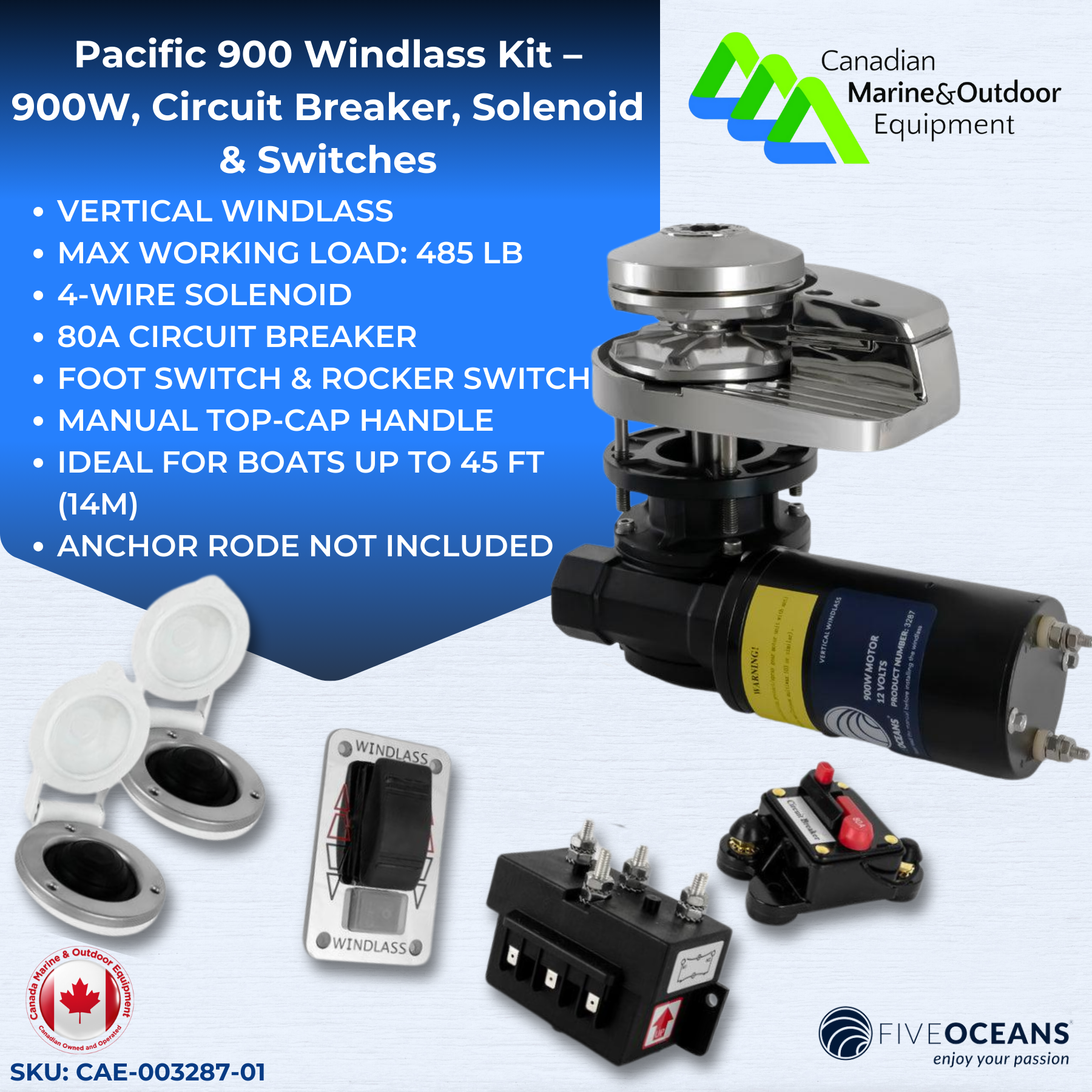 Pacific 900 Windlass Kit – 900W, Circuit Breaker, Solenoid & Switches - 0