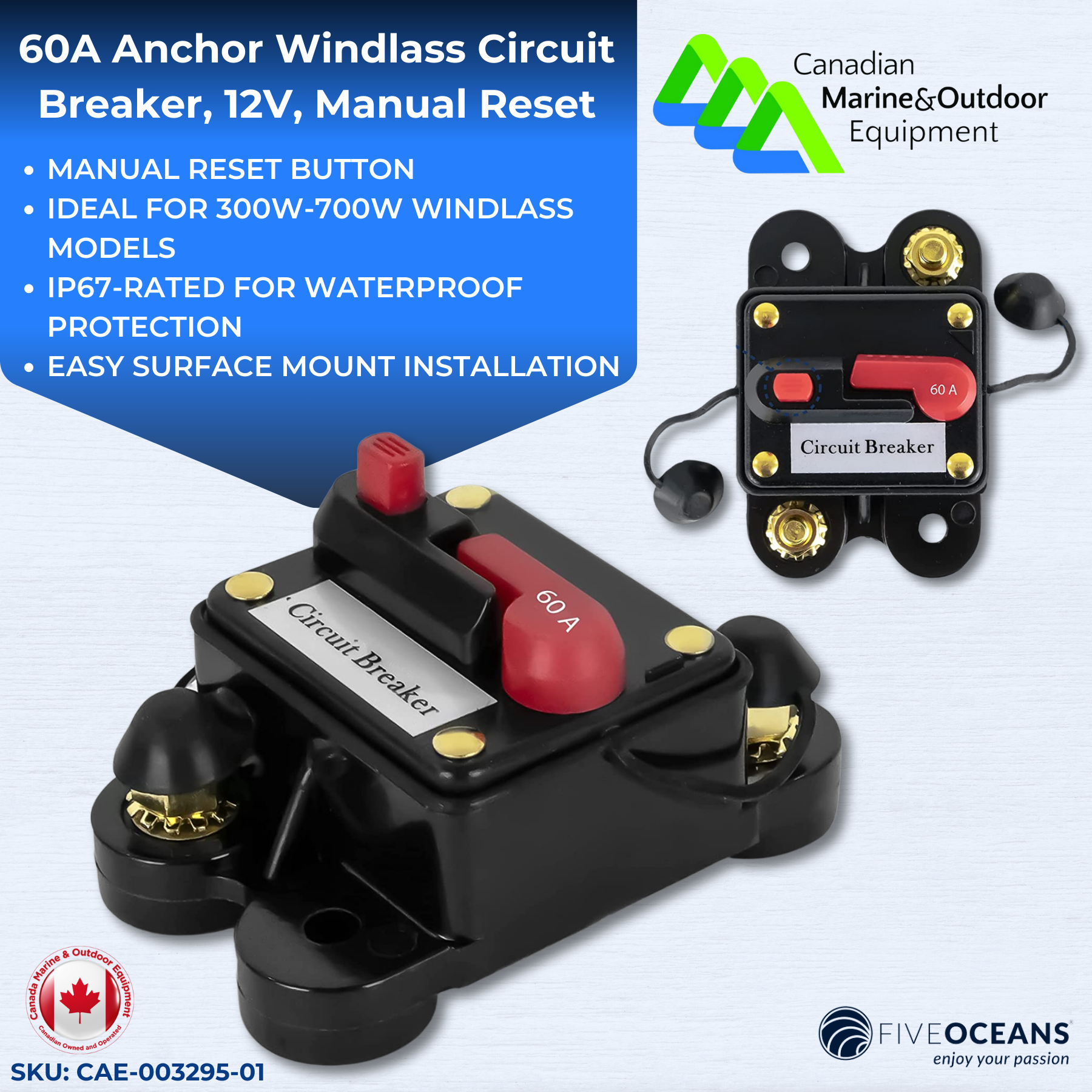 60A Anchor Windlass Circuit Breaker 12V, Manual Reset, IP67 Waterproof | Canadian Marine & Outdoor Equipment