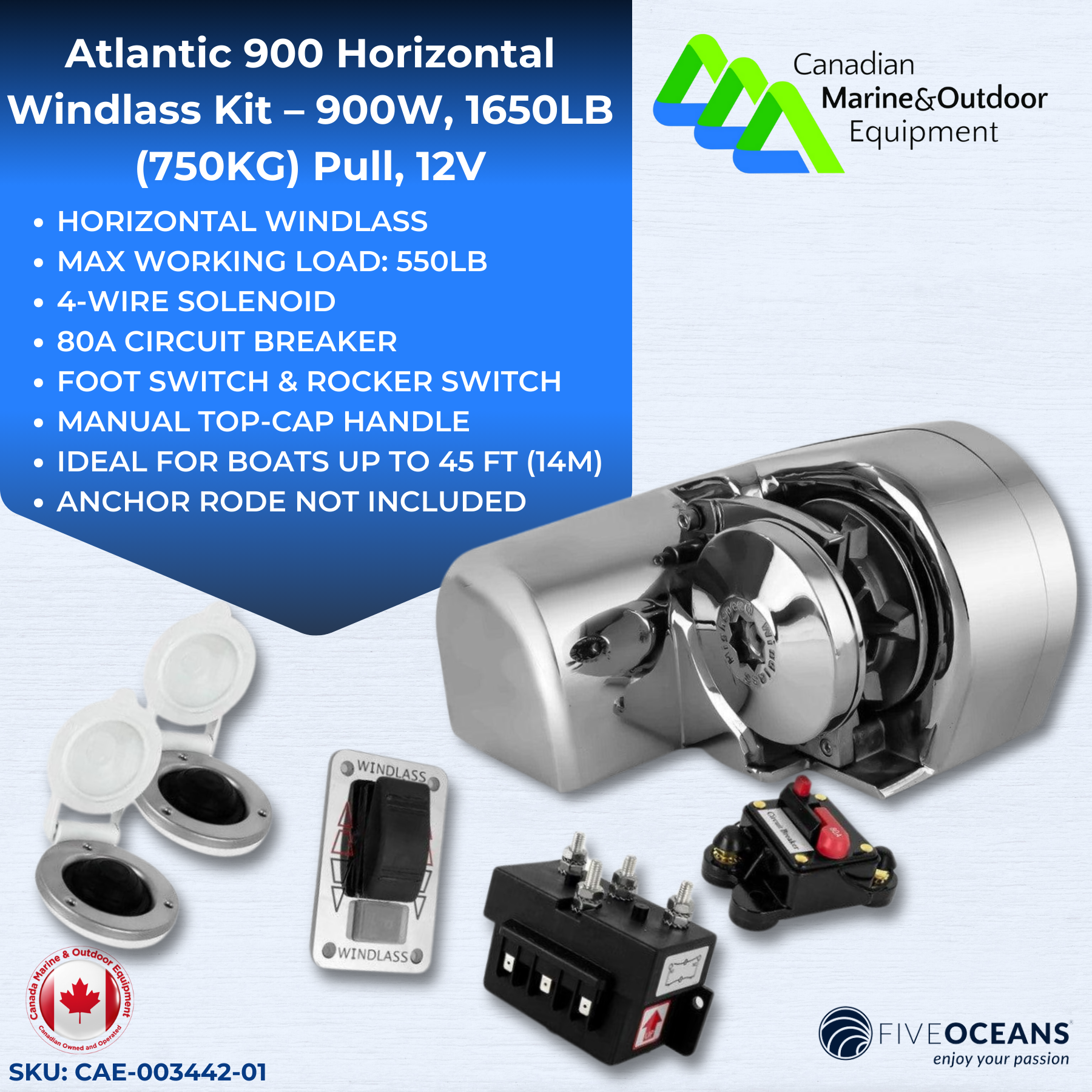 Atlantic 900 Horizontal Windlass Kit – 900W, 1650LB (750KG) Pull, 12V - 0