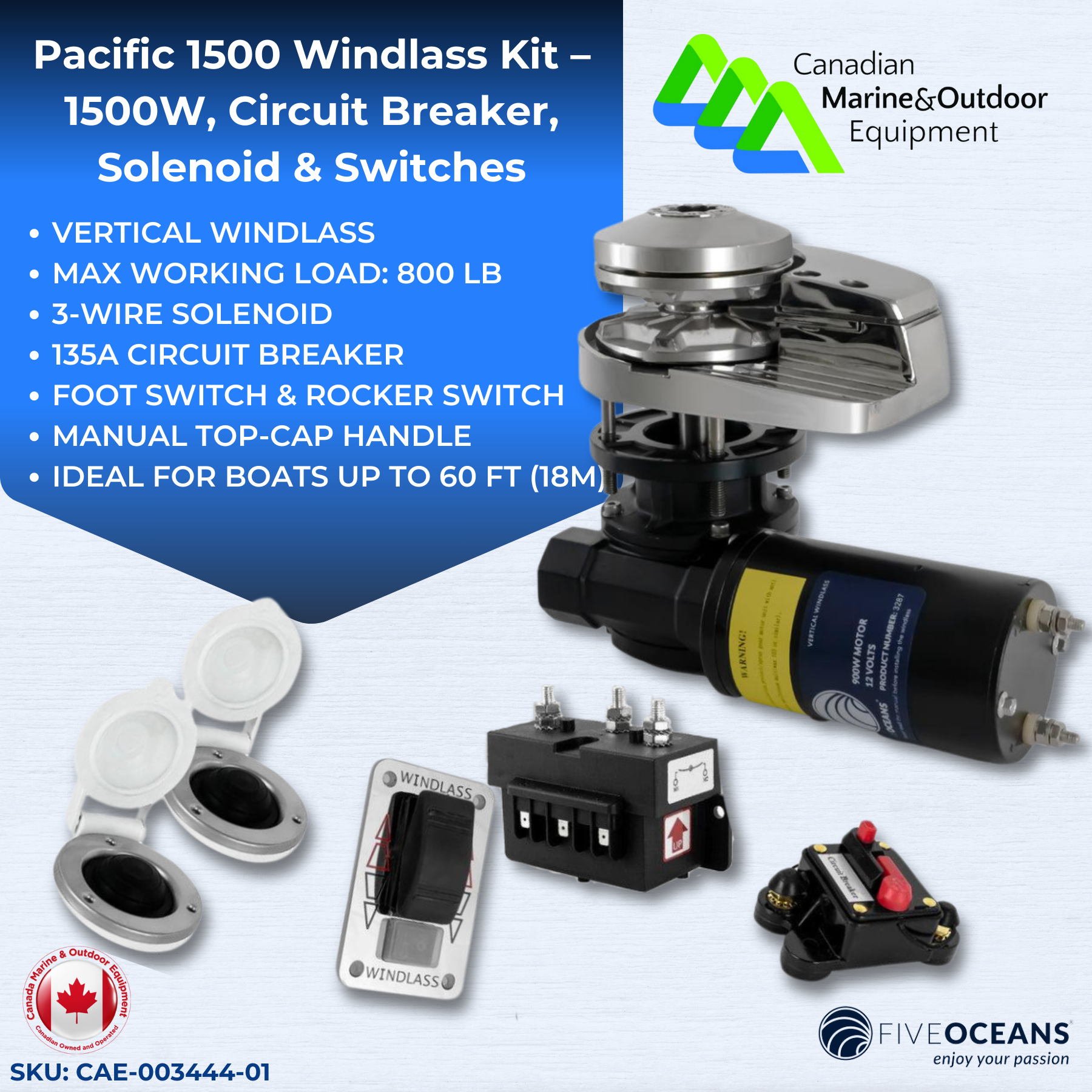 Pacific 1500 Windlass Kit – 1500W, Circuit Breaker, Solenoid & Switches