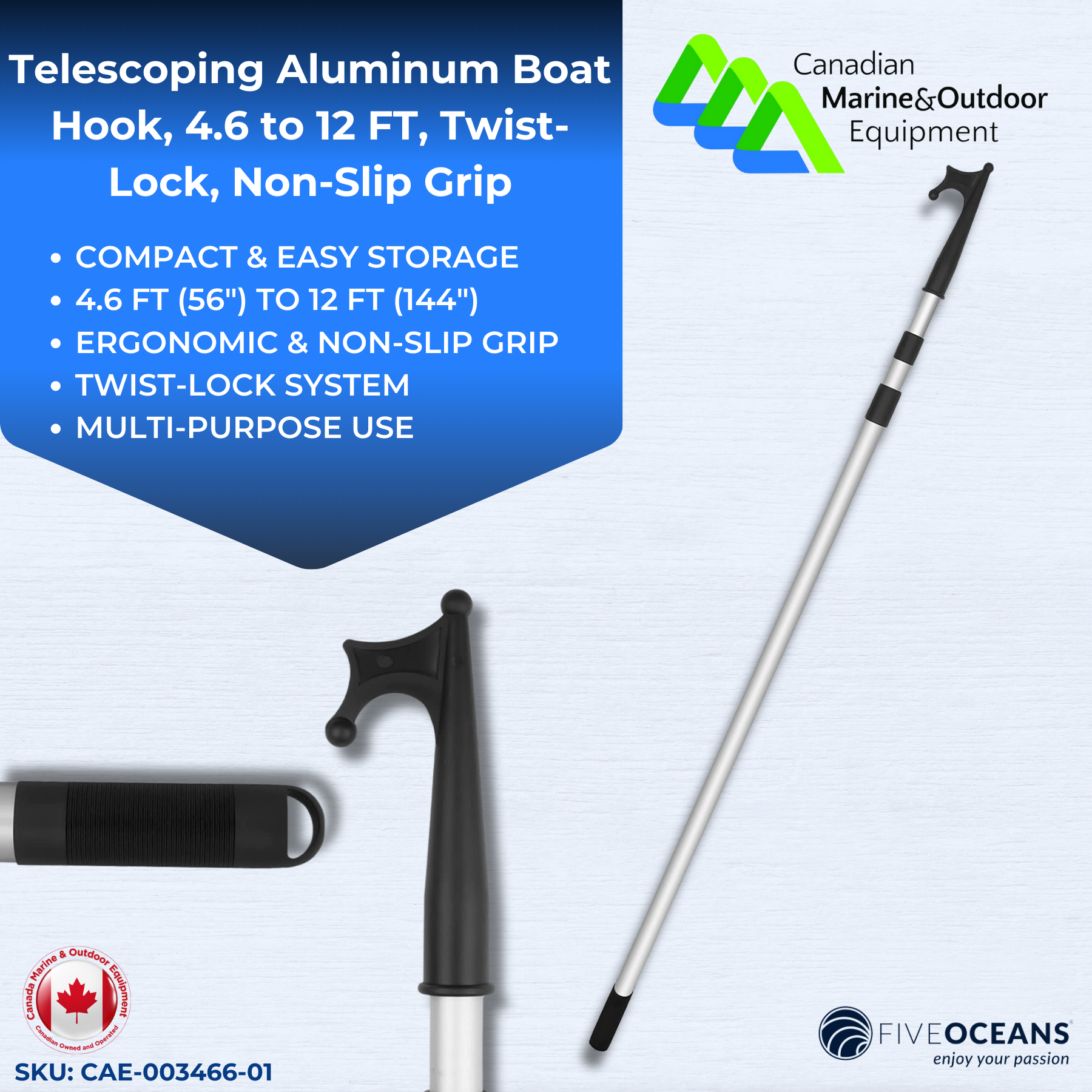 Telescoping Aluminum Boat Hook, 4.6 to 12FT, Twist-Lock, Non-Slip Grip | Canadian Marine & Outdoor Equipment