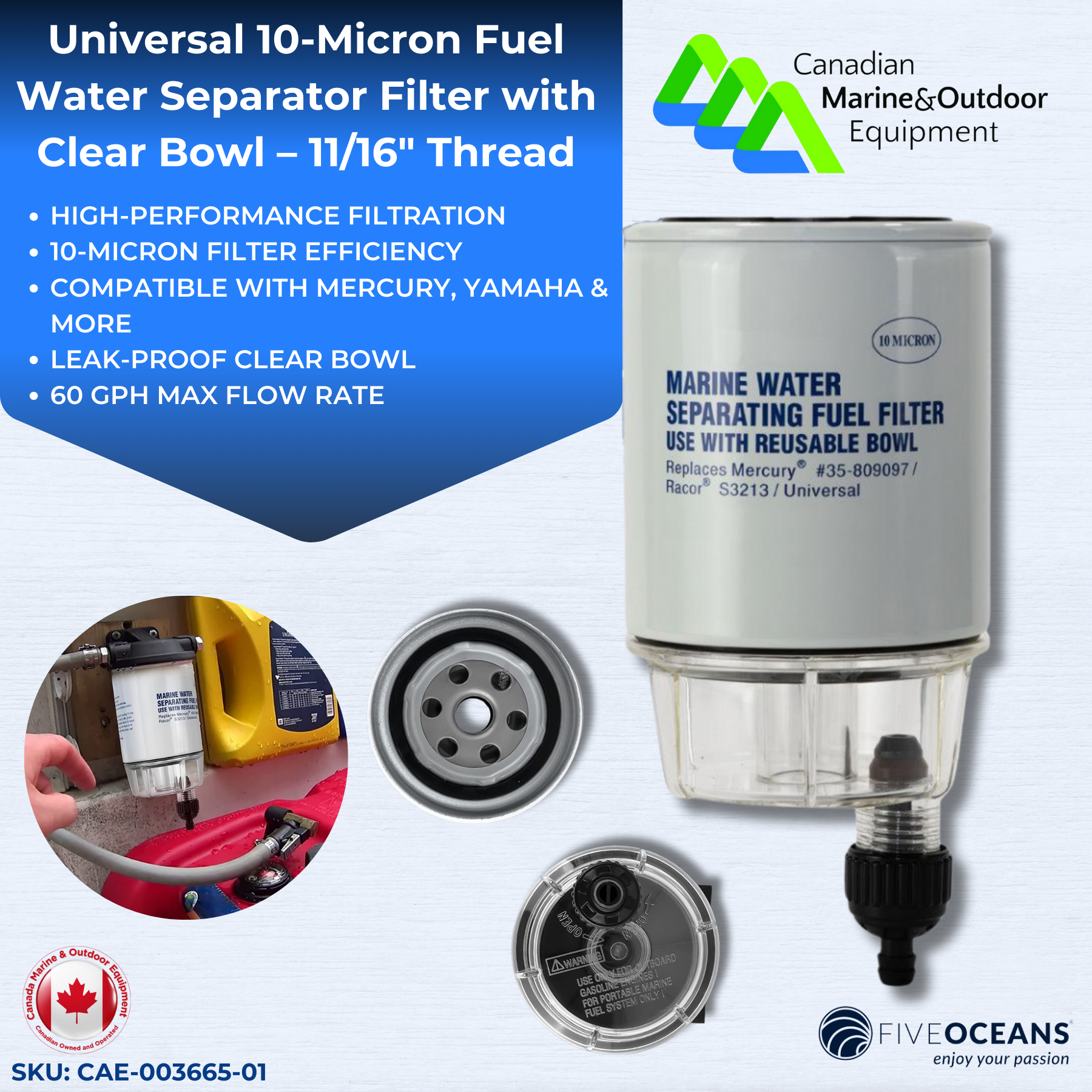 Universal 10-Micron Fuel Water Separator Filter w/ Clear Bowl– 11/16" | Canadian Marine & Outdoor Equipment