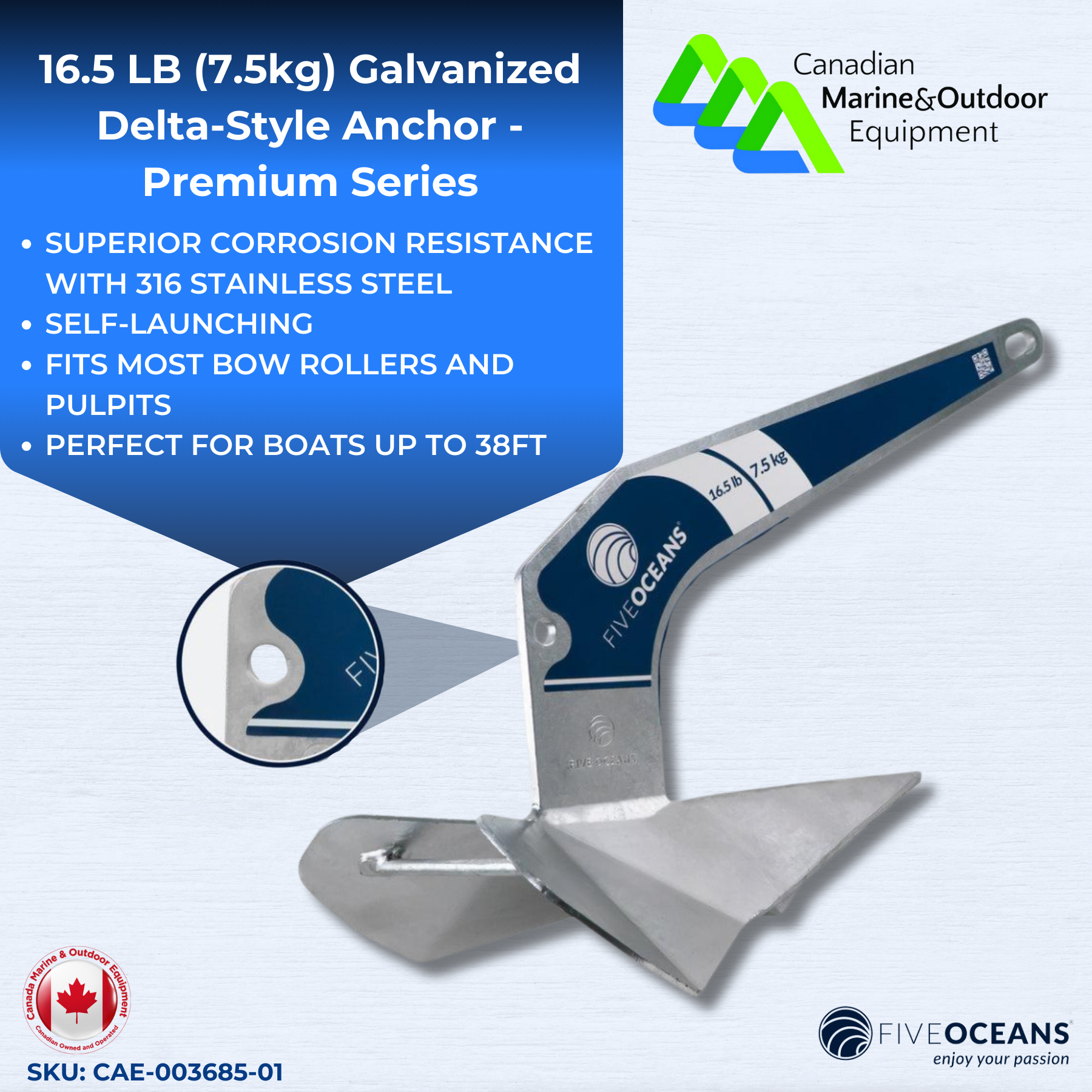 Delta-Style Boat Anchor – 16.5lb (7.5kg) Galvanized Steel- Five Oceans | Canadian Marine & Outdoor Equipment