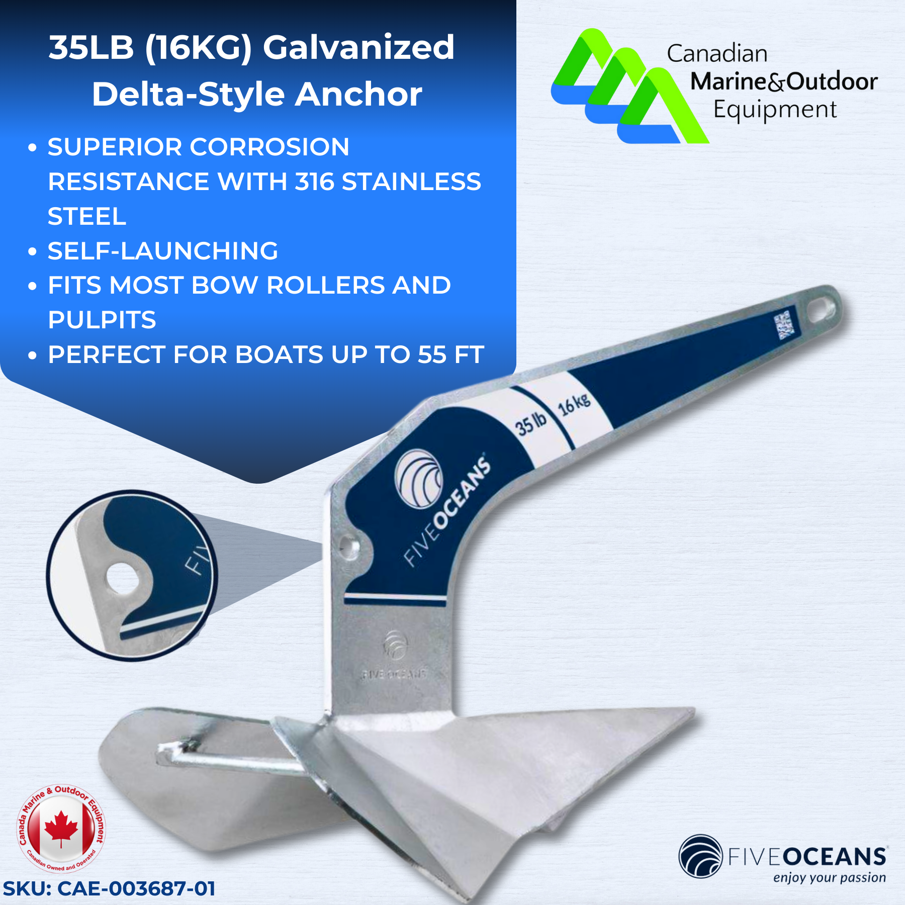 35lb (16kg) Galvanized Delta-Style Anchor - Five Oceans | Canadian Marine & Outdoor Equipment