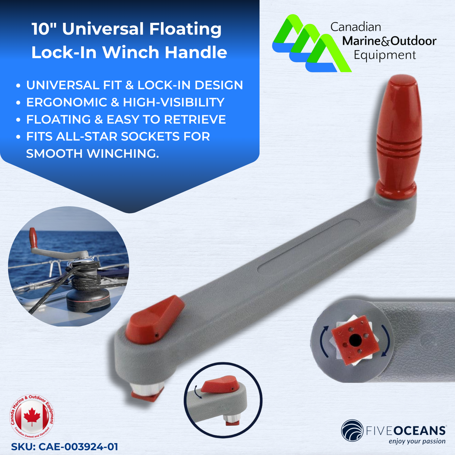 10" Universal Floating Lock-In Winch Handle | Five Oceans | Canadian Marine & Outdoor Equipment