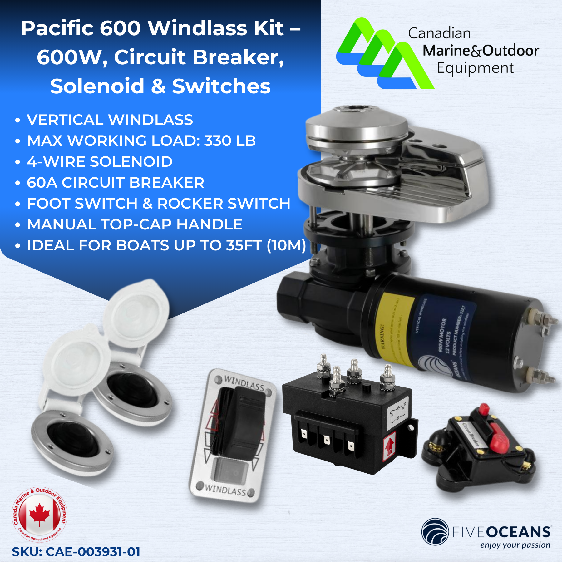 Pacific 600 Vertical Windlass Kit – 600W, Circuit Breaker, Solenoid & Switches - 0