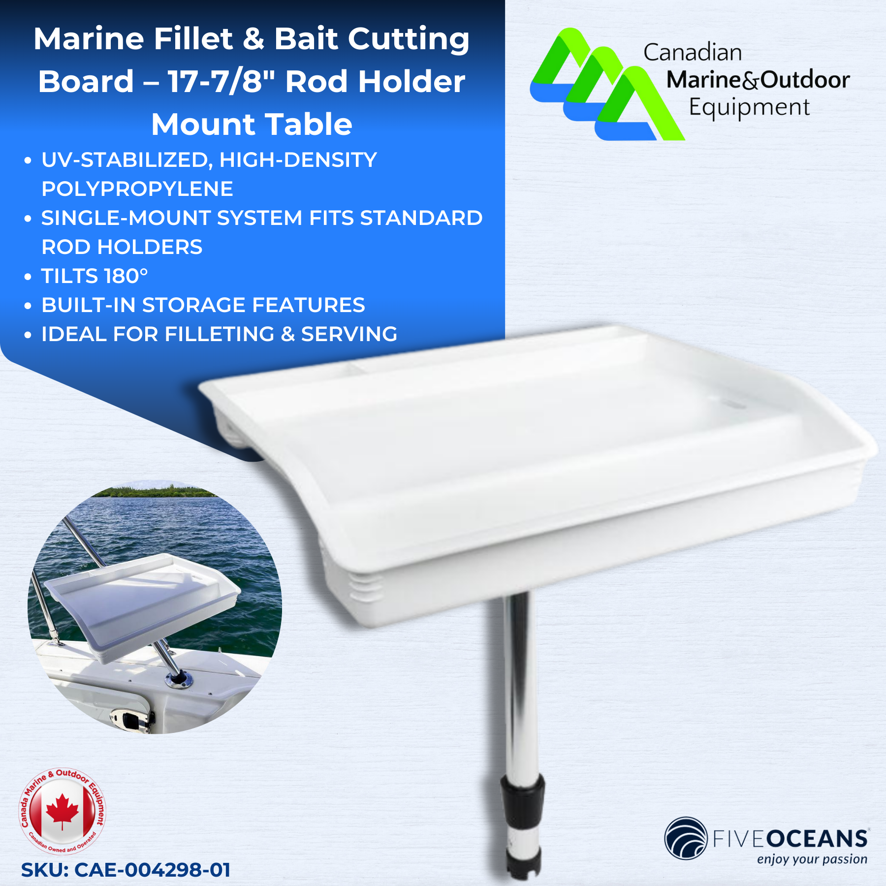 Marine Fillet & Bait Cutting Board – 17 7/8" Rod Holder Mount Table | Canadian Marine & Outdoor Equipment