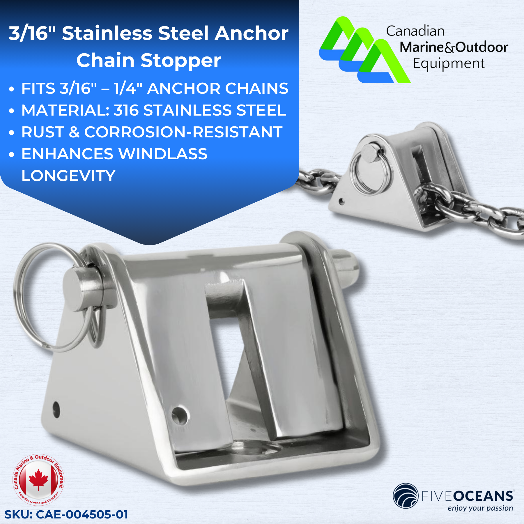 3/16" Stainless Steel Anchor Chain Stopper - Five Oceans | Canadian Marine & Outdoor Equipment