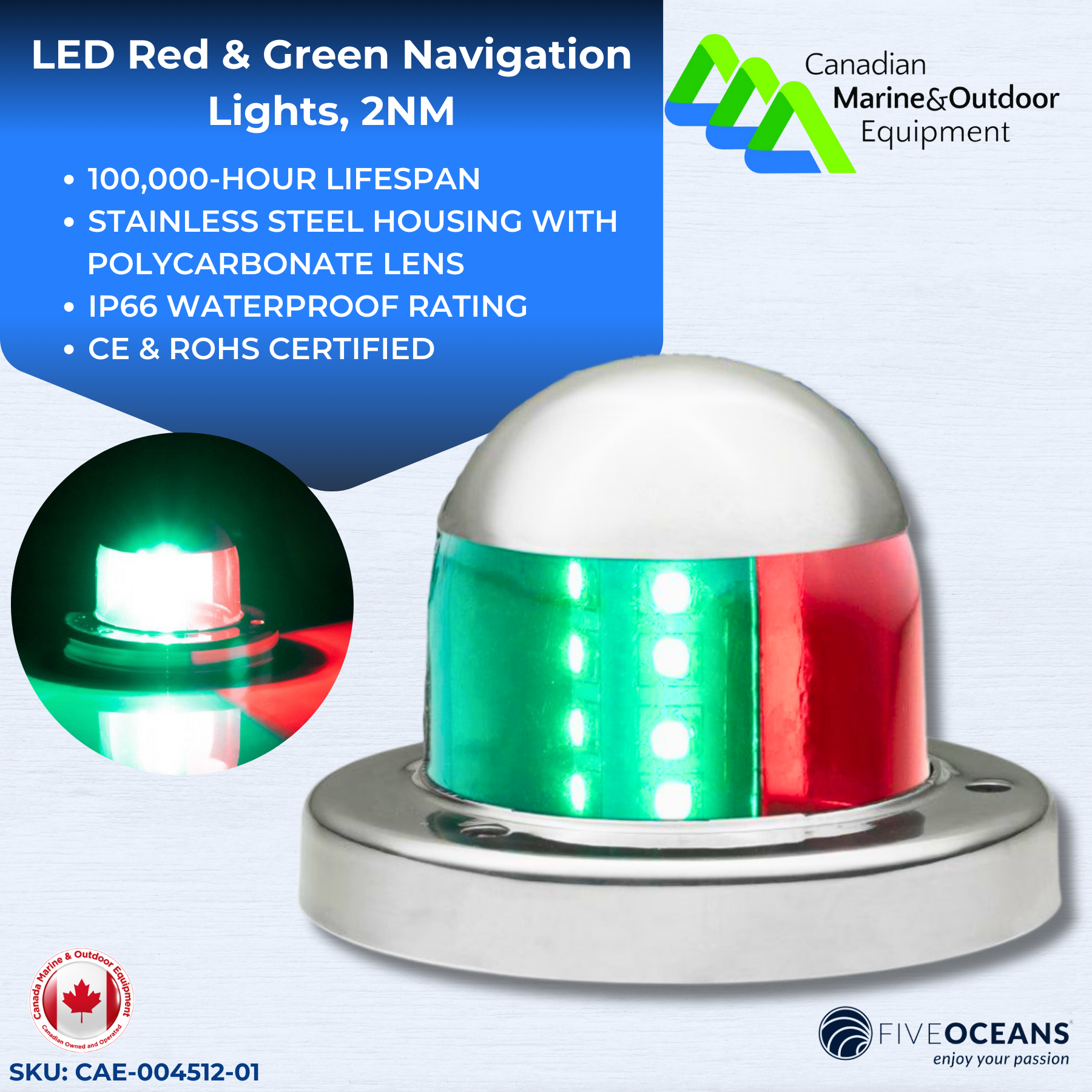 LED Red & Green Navigation Lights, 2NM - Five OCeans | Canadian Marine & Outdoor Equipment