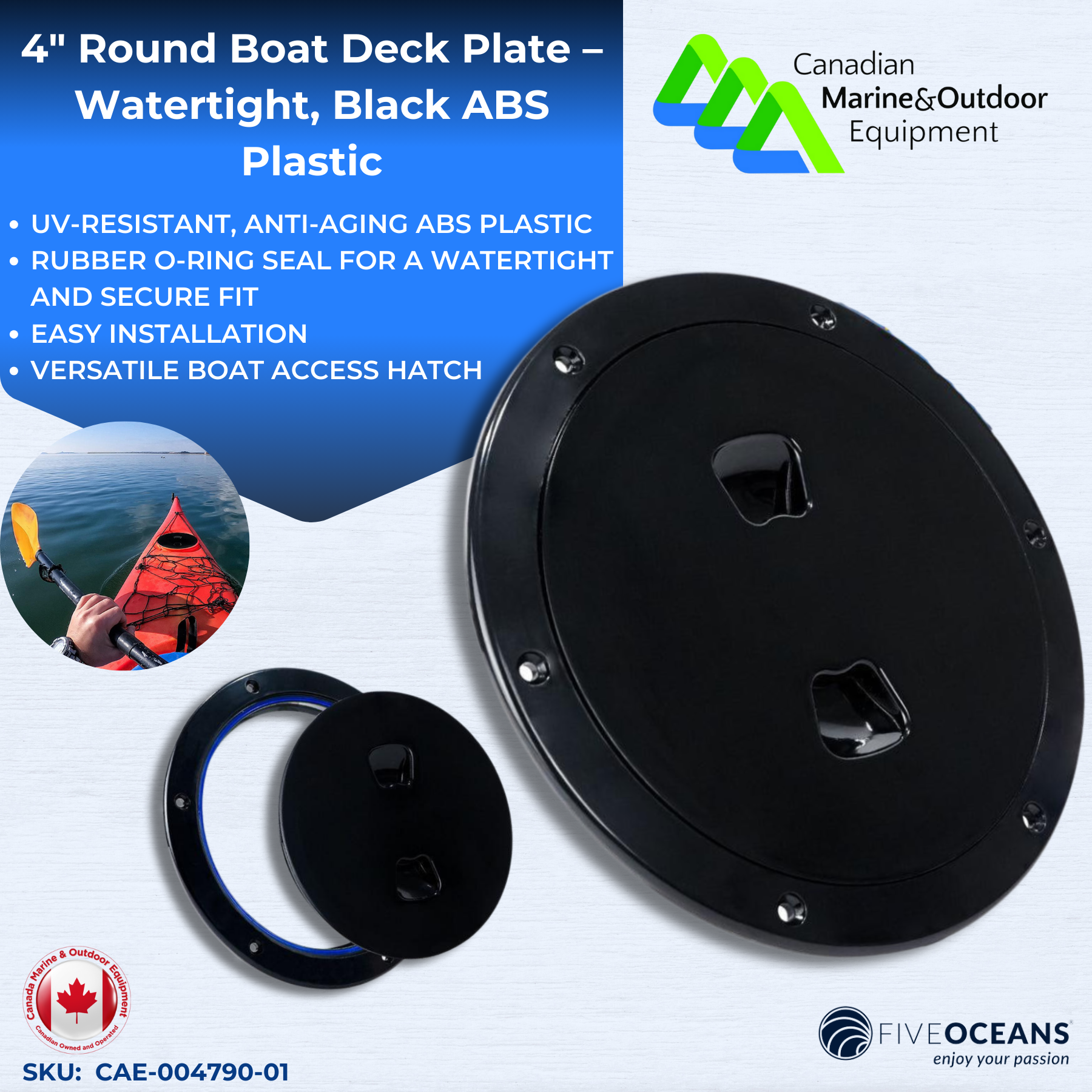 4" Round Boat Deck Plate – Watertight, Black ABS Plastic | Five Oceans | Canadian Marine & Outdoor Equipment