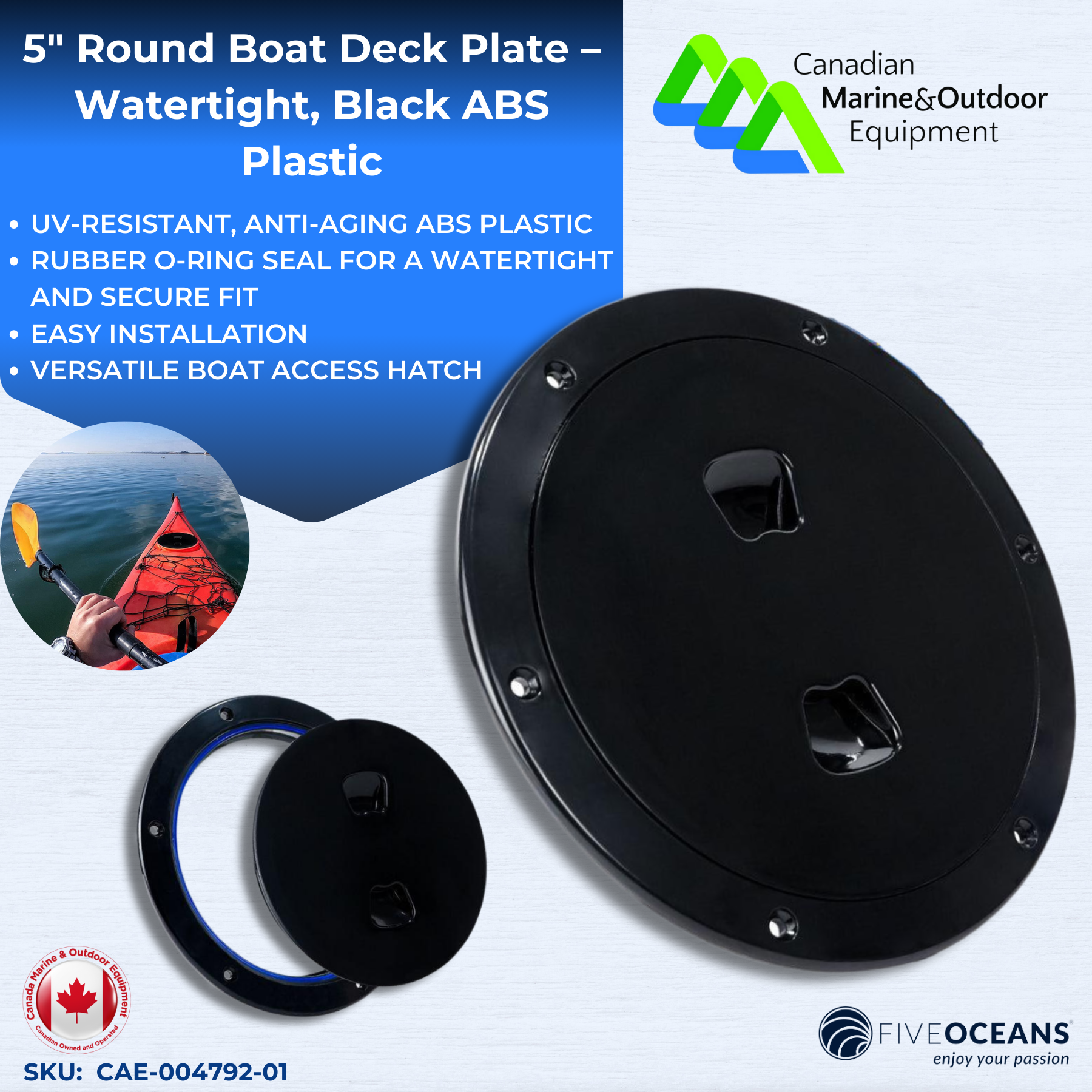 5" Round Boat Deck Plate – Watertight, Black ABS Plastic | Five Oceans | Canadian Marine & Outdoor Equipment