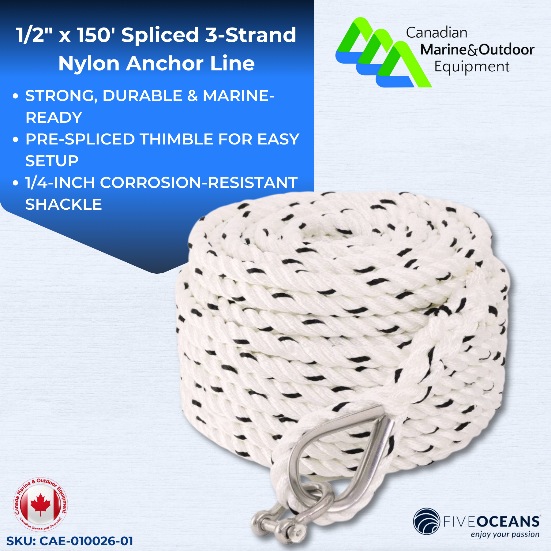 1/2" x 150' Spliced 3-Strand Nylon + SS Thimble/Shackle Anchor Line | Canadian Marine & Outdoor Equipment