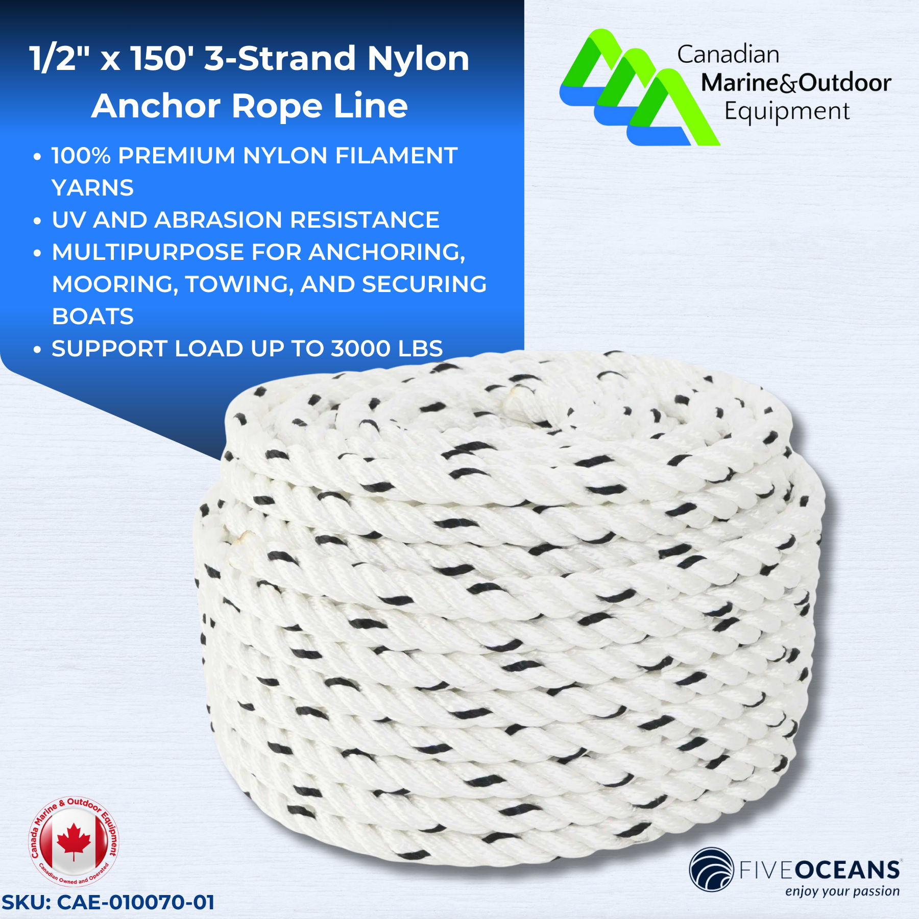 1/2" x 150' 3-Strand Nylon Anchor Rope Line - Five Oceans | Canadian Marine & Outdoor Equipment